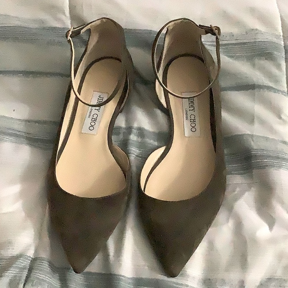 EUC Jimmy Choo Olive Green Pointed Toe Ankle Strap Flats